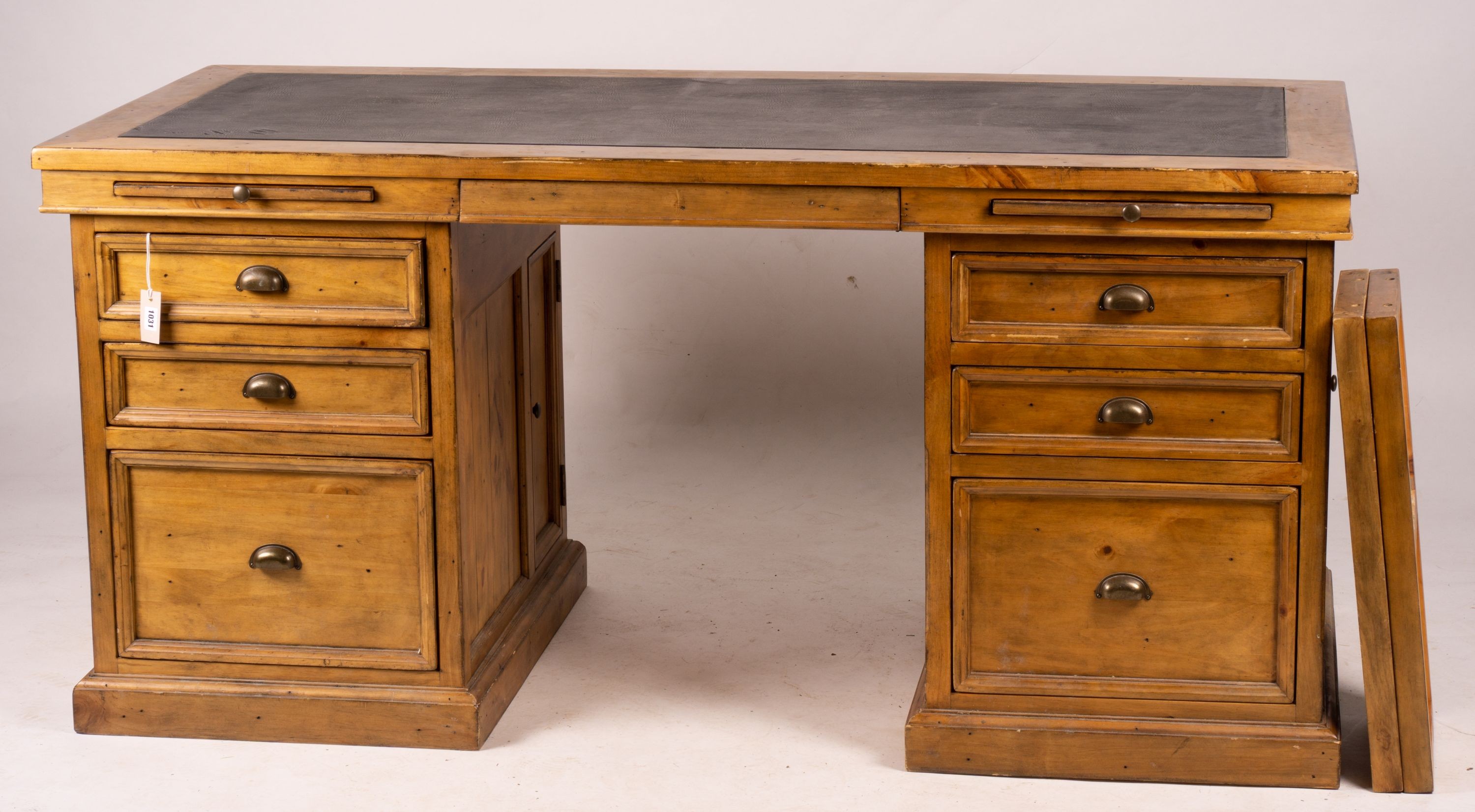 A reproduction pine kneehole desk, width 174cm, depth 79cm, height 86cm together with a matching pine three drawer filing cabinet